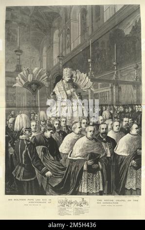 Vintage-Illustration von Papst Leo XIII. In der Sixtinischen Kapelle zum Jahrestag seiner Krönung im 1888., 19. Jahrhundert Stockfoto
