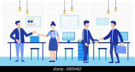 Coworking Open Space mit kreativen Büroleuten. Geschäftsteam arbeitet zusammen Vektor-Illustration Stock Vektor