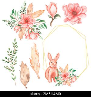 Aquarelle Blumenmotive Set Illustration, Häschen- und Pfingstrosen Kranz Clip Art, Blumenstrauß Komposition. Stockfoto