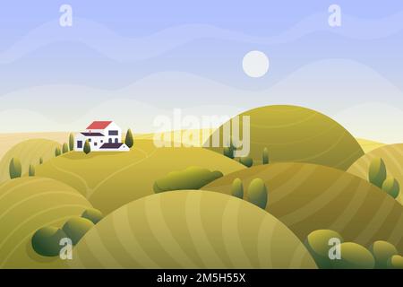 Sonnige ländliche goldene Herbstlandschaft mit Landhaus, Wiesenhügeln und Feldern im Morgengrauen Stock Vektor