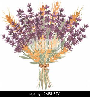 Handgezeichnete Aquarell-gelbe Weizenohren und lavendelfarbener Blumenstrauß. Blumen in einer Vase im Retro-Stil. Stockfoto