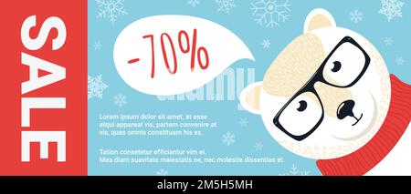 Weihnachten Verkauf Promo Vektor Illustration. Cartoon Eisbär mit Brille und rotem Schal, Geschenkartikel und Schneeflocken Dekor stehen zu Weihnachten oder w Stock Vektor