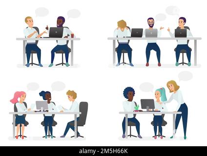 Männer und Frauen sitzen, arbeiten am Schreibtisch und stehen im modernen Büro, arbeiten am Computer und sprechen mit Kollegen. Coworking Center Teamwo Stock Vektor