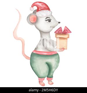 Kleine graue Maus mit rotem weihnachtsmütze und Stiefeln mit Weihnachtsbonbons. Niedliche Zeichentrickratte oder Maus mit Geschenkbox. Aquarellbeleuchtung Stockfoto