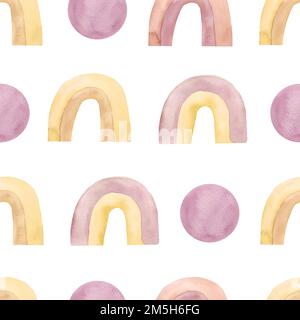 Abstraktes nahtloses Aquarell-Muster mit handbemalten Regenbögen und bubles. Kunst im Kinderzimmer im trendigen skandinavischen Stil. Zeitgenössische Kunst Stockfoto