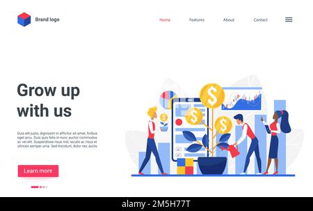 Website Landing Page Design mit Cartoon flach winzigen Geschäftsleuten Gießen Goldmünze Geld wachsenden Pflanzenbaum in Topf, Geld zu investieren. Business-Inves Stock Vektor
