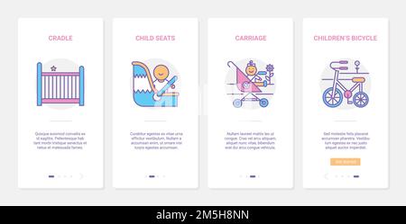 Vektor-Illustration für Babytransportzubehör. UX, UI Onboarding Mobile App Page Screen Set mit Babyartikeln, Kinderwagen, Kinderautositz, bic Stock Vektor