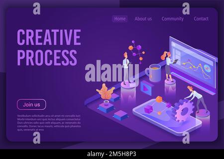 Kreativer Prozess isometrisch dunkel violett Neonlicht Landing Page Vektor Vorlage. Grafik Designer Service Website Layout. Ideengenerierung, Brainstormin Stock Vektor