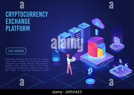 Kryptowährung Exchange Plattform dunkel ultraviolett Licht Landing Page Vektor Vorlage. Bitcoin Finanztransaktionen, e Billing Service Website. Krypta Stock Vektor