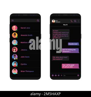 Social Network Messenger Konzept Vektor Illustration. Messenger dunkel schwarz trendy Chat App-Schnittstelle. Sauberes Design der mobilen Benutzeroberfläche Stock Vektor