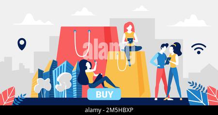 Menschen einkaufen online Konzept Vektor Illustration. Cartoon-Käufer Charaktere kaufen im Online-Shop, mit Handy-Shop-App in Telefon, digitales Internet Stock Vektor