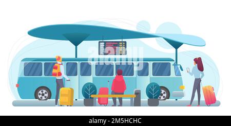 Menschen warten Bus flache Vektor-Illustration. Passagiere an der Station Zeichentrickfiguren. Touristen mit Koffern am Bahnsteig. Reisende und Stadtpublikum Stock Vektor