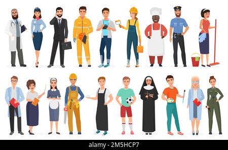 Collection of men and women people workers of various different occupations or profession wearing professional uniform set vector illustration Stock Vektor