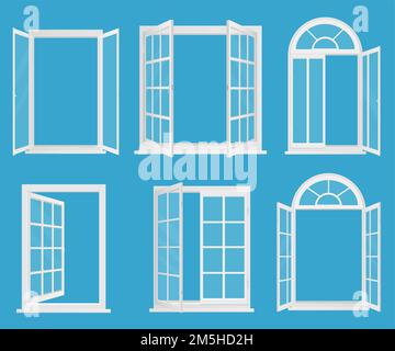 Weiße Kunststoff realistische Fenster mit transperanten Glas Vektor-Illustration gesetzt Stock Vektor