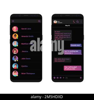 Social Network Messenger Konzept Vektor Illustration. Messenger dunkel schwarz trendy Chat App-Schnittstelle. Sauberes Design der mobilen Benutzeroberfläche Stock Vektor