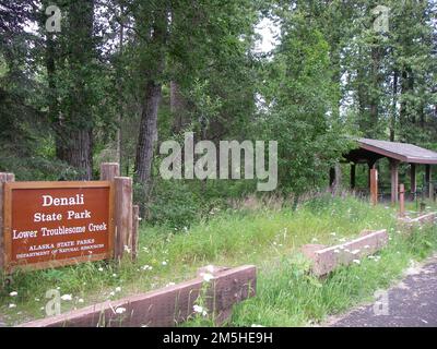 Der George Parks Highway Scenic Byway - Lower Troublesome Creek. Am Troublesome Creek können Besucher picknicken, zelten und angeln. Ein kleiner Pavillon bietet Schutz im Wald. Lage: Lower Troublesome Creek, Alaska Stockfoto