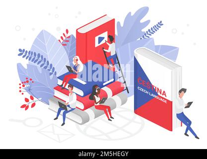Online-Sprachkurse isometrische 3D Vektor-Illustration. Fernunterricht, Fernschule, Tschechische Universität. Internet-Klasse, e Lern Sprache sch Stock Vektor