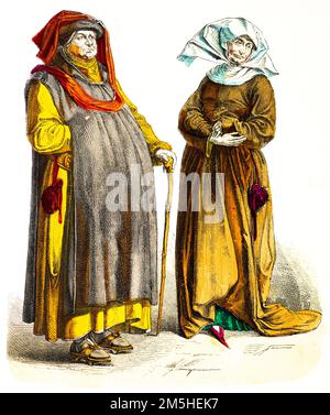 Deutsche Kostüme des late15. Jahrhunderts, bunte historische Illustration 1890, Münchener Bilderbogen, Stockfoto