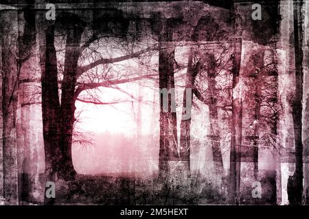 Gruseliger Herbstwald mit toten Bäumen, Spinnweben. Alte Papierstruktur. Gotisches Design. Monochrome Abbildung Stockfoto