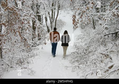 Loess Hills Scenic Byway - Ein Spaziergang durch Snowy Woods. Diese Besucher schlendern durch die schneebedeckten Wälder in der Nähe des Hitchcock Nature Center. Standort: Hitchcock Nature Area, Iowa (41,417° N 95,862° W) Stockfoto