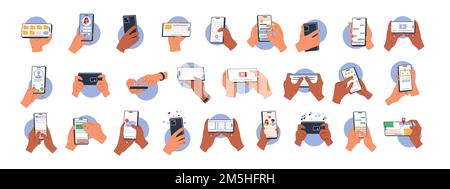 Hände halten Smartphone. Telefonanwendungen für den Alltag. Leute, die mit Geräten umgehen. Smartphone-Touchscreen mit menschlicher Hand. Abbildung eines flachen Vektors Stock Vektor