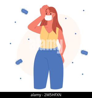 Die Frau in der medizinischen Maske schützt sich vor Keimen. Krankheitsvorbeugung. Abbildung eines flachen Vektors Stock Vektor