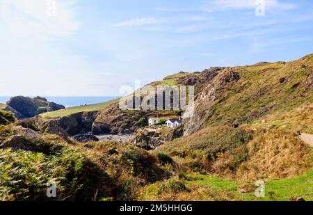 Kynance Cove auf der Lizard-Halbinsel an der Südküste von Cornwall, Südwestengland: Blick auf zerklüftete Klippen und Strandcafé Stockfoto