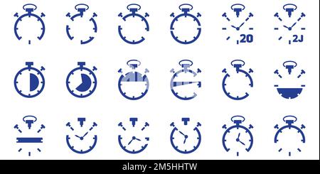 Timer und Uhrensymbol eingestellt. Flaches Uhrensymbol. Stoppuhr, Zeitschaltuhr, Sanduhr, Sanduhr, Uhr. Symbol „Schnelle Zeit“. Stock Vektor