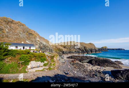 Küste und unberührte zerklüftete Landschaft am Kynance Cove auf der Lizard Peninsula an einem sonnigen Tag an der Südküste Cornwalls im Südwesten Englands Stockfoto