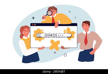 Geschäftliche Metapher für Suche oder Forschung, Entwicklung, Web-Surfen und CEO-Konzept. Suchleisten und Teamwokes. Abbildung eines flachen Vektors Stock Vektor