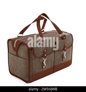 Eine Nahaufnahme einer braunen Gepäcktasche mit zwei isolierten Griffen auf weißem Hintergrund Stockfoto