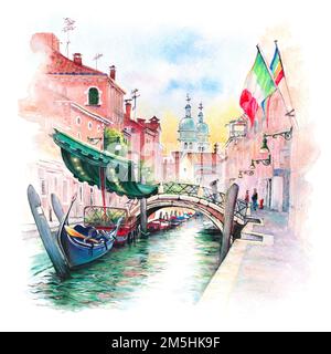 Aquarellskizze des San Barnaba-Kanals, helle Häuser und Gondeln an ihren Anlegestellen, Venedig, Italien. Stockfoto