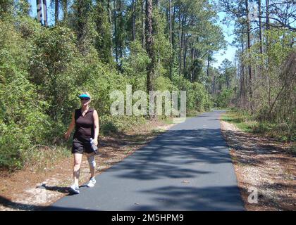 Alabamas Küstenverbindung - Wandern auf dem Gulf Oak Ridge Trail. Eine Frau wandert in einem schattigen Teil des Gulf Oak Ridge Trail auf dem Hugh S. Branson Back Country Trail in der Nähe des Gulf State Park in Alabama. Lage: Orange Beach, Alabama (30,270° N 87,648° W) Stockfoto