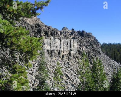 Cascade Lakes Scenic Byway - Devil's Garden. Devil's Garden und andere riesige Berge von Lavafelsen säumen Teile des Cascade Lakes Scenic Byway. Standort: Oregon (44,042° N 121,755° W) Stockfoto