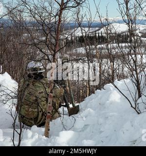 Staff Sgt. Jeff Early, A Paratrooper from Apache Company, 1. Bataillon, 501. Parachute Infanterie Regiment, 4. Infanterie Brigade Combat Team (Airborne), 25. Infanterie Division, ‚Spartan Brigade,‘ mans der MK 19 Granatenwerfer an einem Beobachtungspunkt während des Joint Pacific Multinational Readiness Center 22-02, 18. März 2022. JPMRC 22-02, ausgeführt in Alaska mit seinen erstklassigen Trainingseinrichtungen und der rauen arktischen Umgebung, baut Soldaten und Anführer zu einem Team aus erfahrenen, harten, aufmerksamen und anpassungsfähigen Kriegern zusammen, die überall kämpfen und gewinnen können. Stockfoto