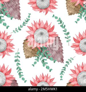 Nahtloses Muster mit Aquarell-protea-Blüten Stockfoto