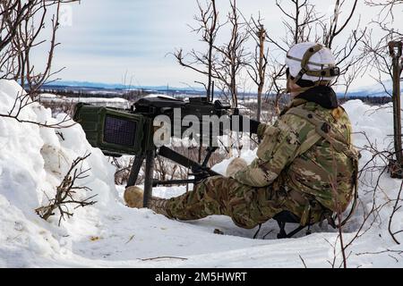 Staff Sgt. Jeff Early, A Paratrooper from Apache Company, 1. Bataillon, 501. Parachute Infanterie Regiment, 4. Infanterie Brigade Combat Team (Airborne), 25. Infanterie Division, ‚Spartan Brigade,‘ mans der MK 19 Granatenwerfer an einem Beobachtungspunkt während des Joint Pacific Multinational Readiness Center 22-02, 18. März 2022. JPMRC 22-02, ausgeführt in Alaska mit seinen erstklassigen Trainingseinrichtungen und der rauen arktischen Umgebung, baut Soldaten und Anführer zu einem Team aus erfahrenen, harten, aufmerksamen und anpassungsfähigen Kriegern zusammen, die überall kämpfen und gewinnen können. Stockfoto