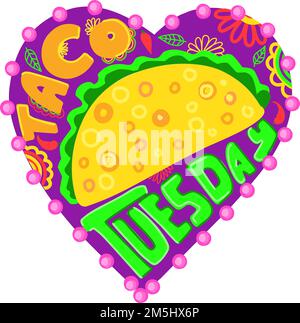 Taco Tuesday im Stil der 90s Jahre. Taco-Party. Mexikanische Küche. Vektor-isolierte Darstellung auf weißem Hintergrund Stock Vektor