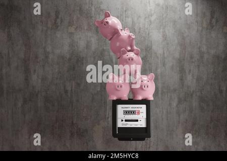 Ein Haufen rosa Sparschweine auf einem Stromzähler. Veranschaulichung des Konzepts der Erhöhung der inländischen Energiekosten Stockfoto