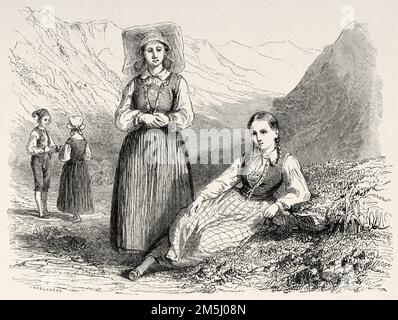 Harte Frauen in traditionellen Kostümen, Norwegen. Skandinavien, Nordeuropa. Reisen in den skandinavischen Staaten mit Saint-Blaise 1856 Stockfoto