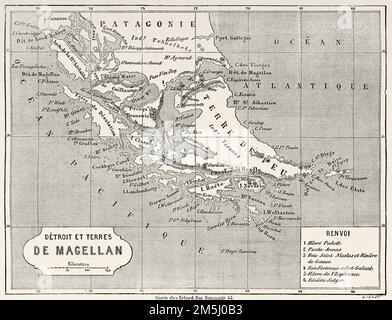 Alte Karte der Magellanstraße, Patagonien. Chile, Südamerika. Tagebuch einer Reise zur Magellanstraße von V de Rochas 1856-1859. Le Tour du Monde 1861 Uhr Stockfoto