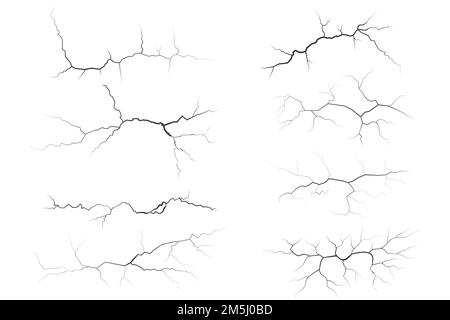 Risse sammeln sich an Wand, Erde oder Stein. Kratzt Linien auf Oberflächen. Vektorgrafiken für Blitz und Gewitter. Fissur auf Boden und Eis Stock Vektor