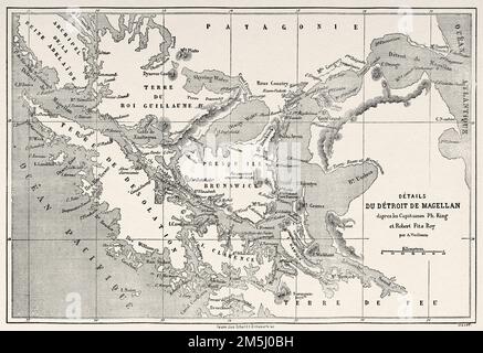 Alte Karte der Magellanstraße, Patagonien. Chile, Südamerika. Tagebuch einer Reise zur Magellanstraße von V de Rochas 1856-1859. Le Tour du Monde 1861 Uhr Stockfoto
