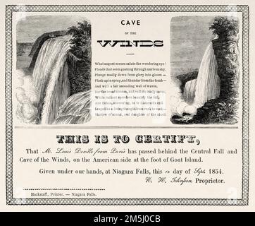 Die Niagarafälle. Zertifikat ausgestellt vom Wächter der Höhle der Winde. Reisen in Nordamerika von Louis Deville, USA und Kanada 1854-1855. Le Tour du Monde 1861 Uhr Stockfoto