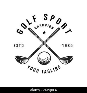 Retro-Vintage-Golf, Logovorlage für professionellen Golfball, Golfmeisterschaft, Abzeichen oder Ikone mit gekreuzten Golfschlägern und Ball auf dem T-Shirt. Vector illu Stock Vektor