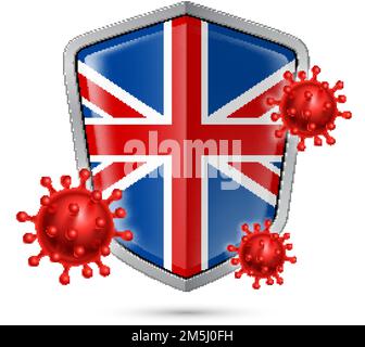 Flagge Großbritanniens auf Metall glänzende Schildsymbol und rote Corona-Virus-Zellen. Konzept des Gesundheits- und Sicherheitsausweises. Sicherheitsschild aus Metall w Stock Vektor