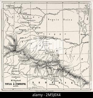 Karte von Blanchards Route von Tiflis nach Stavropol 1858. Reise von Tiflis in Stavropol zur Dariali-Schlucht, 1858 m von Blanchard Stockfoto