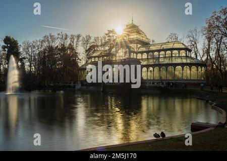 Der Glaspalast befindet sich im El Retiro Park, der zum UNESCO-Weltkulturerbe gehört. Es wurde ursprünglich 1887 als Gewächshaus erbaut, um Flora und Fauna zu präsentieren Stockfoto