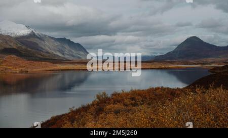 Der wunderschöne Denali-See spiegelt die Alaska-Berge an einem bewölkten Tag wider Stockfoto