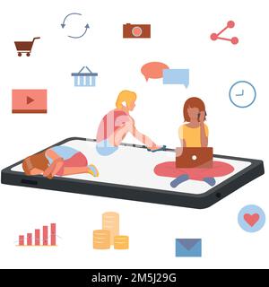 Leute, die das Telefon benutzen. Informationen auf Internet.Vector. Stock Vektor